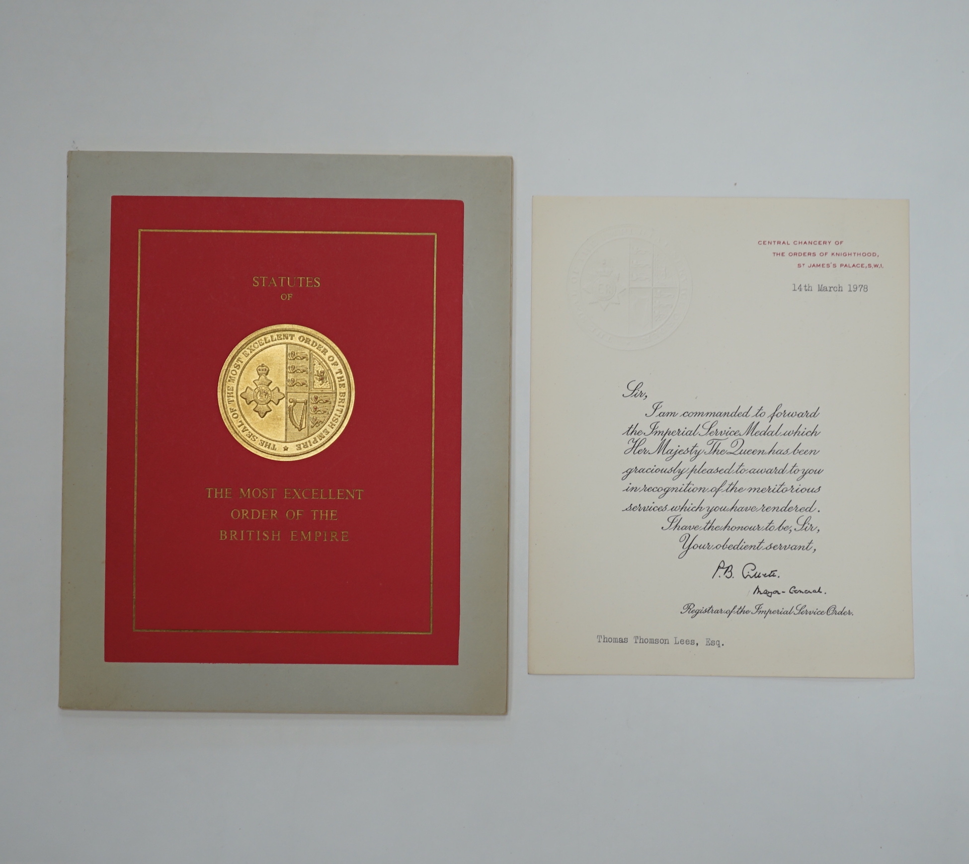An MBE for Archibald Lees with miniature and an Imperial Service Medal for Thomas Lees, a silver coaster and silver match case with coronet over ‘E’ and ‘Holyrood 1925’ to reverse